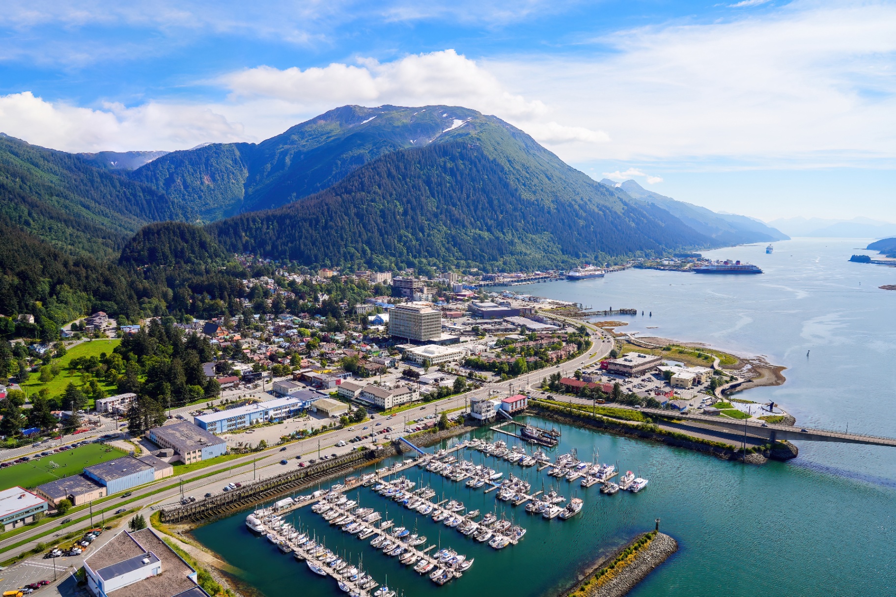 Aerial view of downtown Juneau, the harbor, and Mount Roberts
